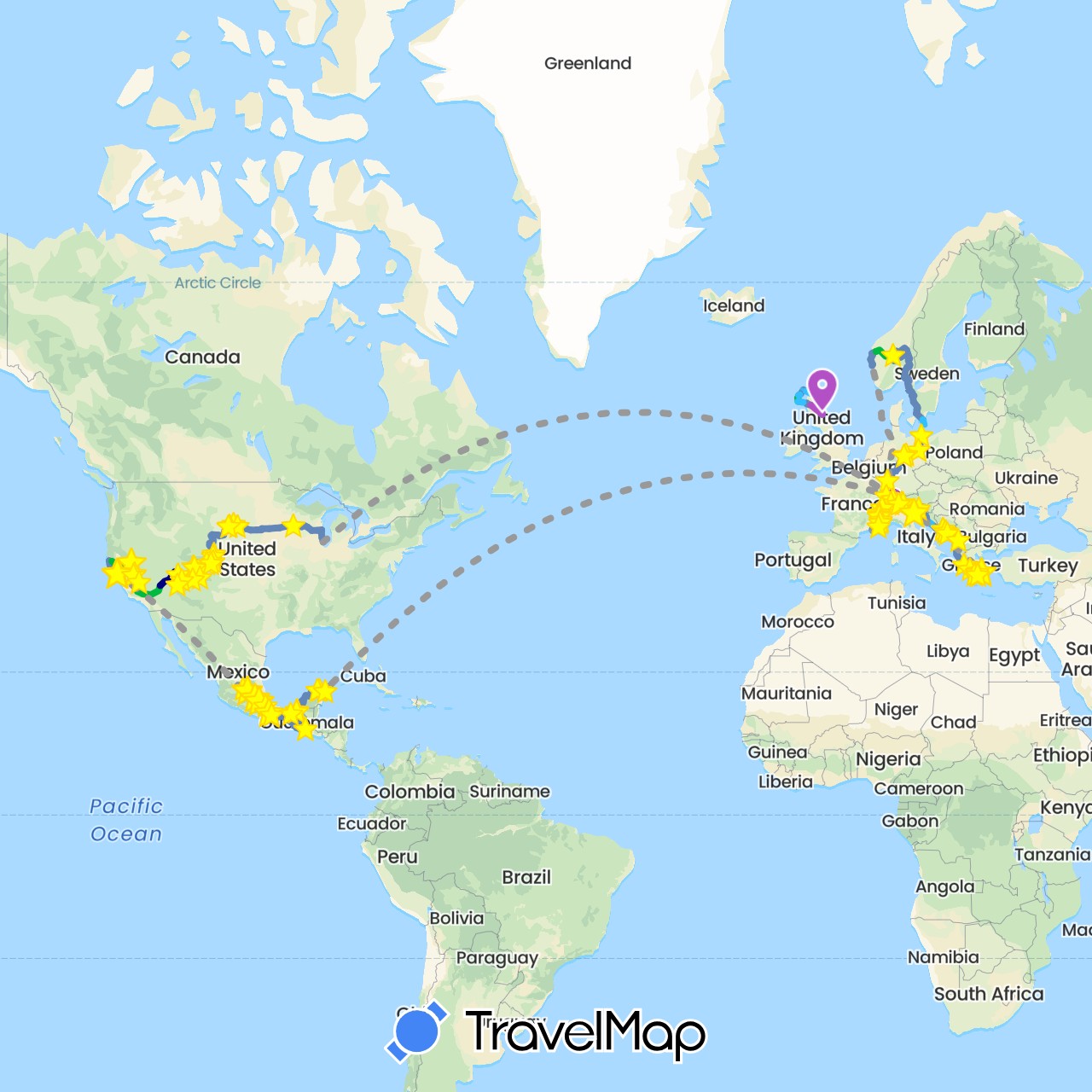 TravelMap itinerary: driving, bus, plane, cycling, train, hiking, boat, colectivo in Albania, Bosnia and Herzegovina, Switzerland, Germany, France, United Kingdom, Greece, Guatemala, Croatia, Italy, Montenegro, Mexico, Norway, Poland, Sweden, Slovenia, United States (Europe, North America)