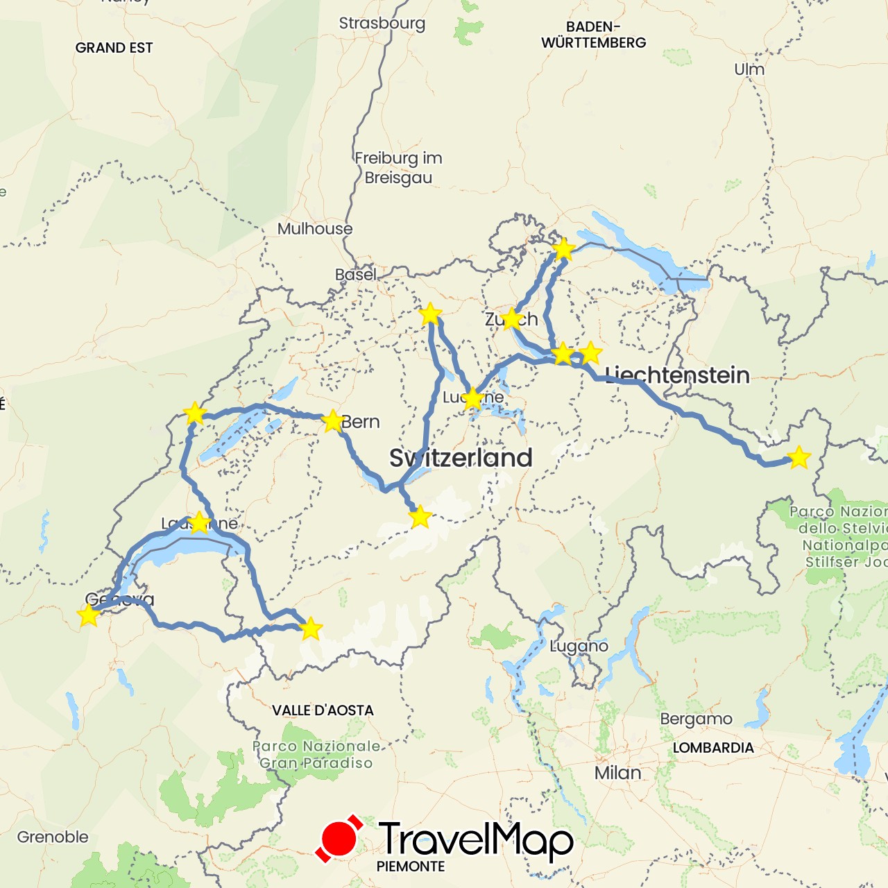 TravelMap itinerary: driving, cycling in Switzerland (Europe)